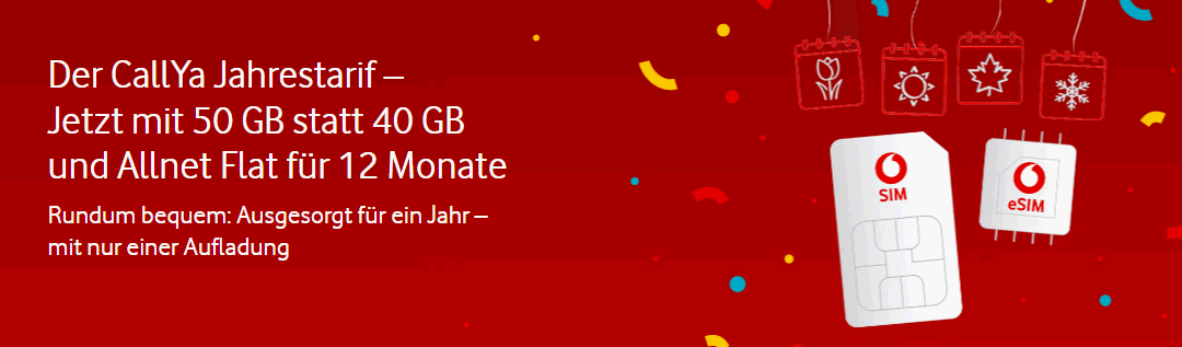 Seit dem 20.6.2023 gibt es generell 50 GB statt 40 GB Datenvolumen im Vodafone CallYa Jahrestarif. Das kannst du dir selbst einteilen, also mal mehr, mal weniger verbrauchen