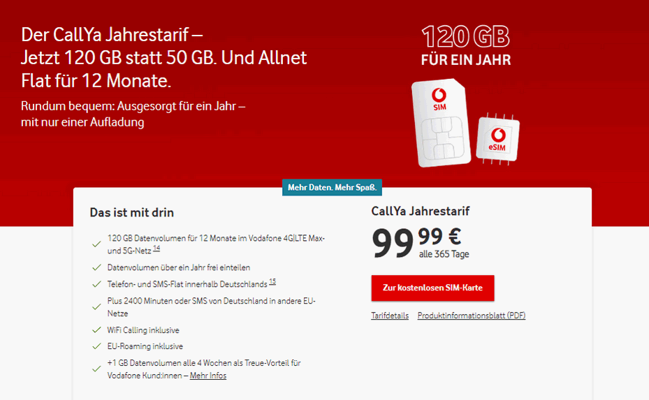 CallYa Jahrestarif mit Aufwertung auf 120 GB (2024)