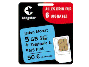 Zum Beitrag: congstar Halbjahrespaket: 6x 6 GB Allnet-Flat [5G] für 50 € − seit 6.8.2024 nur noch für Bestandskunden buchbar