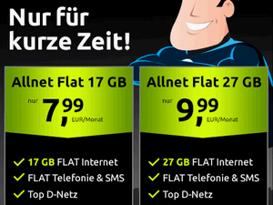Zum Beitrag: crash: 17 GB Allnet Flat (D2) für 7,99 € im Monat – bis zu 4 Monate im Voraus »sichern«