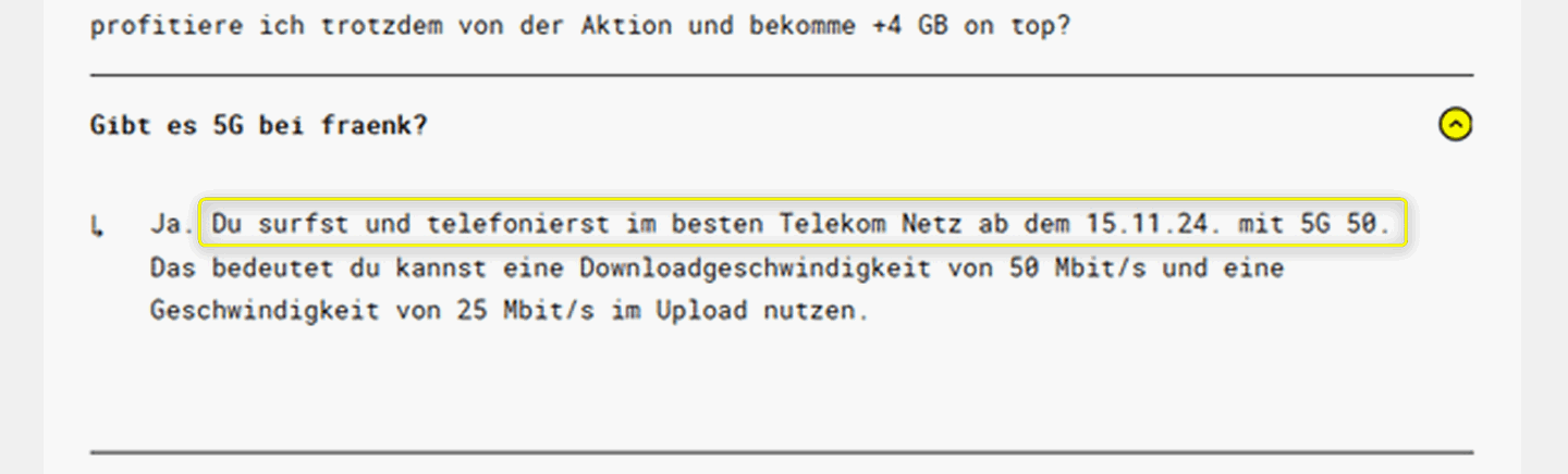 fraenk erhöht offiziell die Geschwindigkeit von 25 Mbit/s. auf 50 Mbit/s ab dem 15.11.2024 fraenk erhöht offiziell die Geschwindigkeit von 25 Mbit/s. auf 50 Mbit/s ab dem 15.11.2024