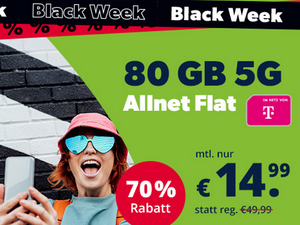 Zum Beitrag: Telekom Allnet-Flat 80 GB [5G] von freenet für 14,99 € im Monat als Black Friday Knüller 2024 − ohne Anschlusspreis − noch einmal bis 9.12.2024 verfügbar