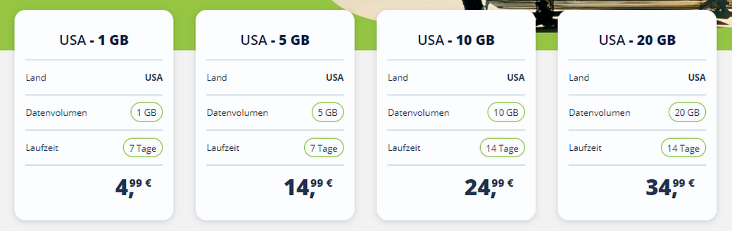 freenet Travel: Preise für die USA im Überblick (Beispiel) freenet Travel: Preise für die USA im Überblick (Beispiel)
