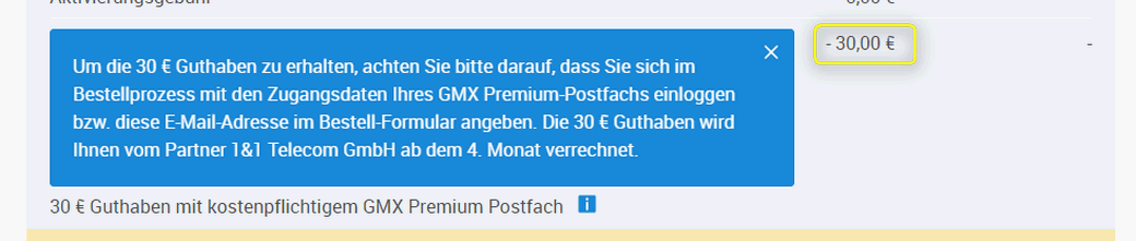 Das GMX Premium-Startguthaben beträgt ausnahmsweise 30 € (statt 15 €) zur Verrechnung ab dem 4. Vertragsmonat Das GMX Premium-Startguthaben beträgt ausnahmsweise 30 € (statt 15 €) zur Verrechnung ab dem 4. Vertragsmonat