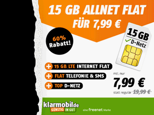 Zum Beitrag: Klarmobil: 15 GB Allnet-Flat-Aktion für 7,99 € im Monat − bis Montag verlängert