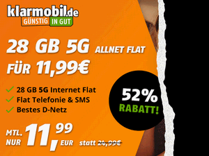 Zum Beitrag: Klarmobil: 28 GB Allnet-Flat im Telekom-Netz mit 5G (!) für 11,99 € im Monat als EM-Deal bis 25.6.2024