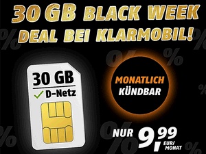 Klarmobil Allnet-Flat 30 GB Flex monatlich kündbar für 9,99 € als Black-Friday-Deal 2023 Klarmobil Allnet-Flat 30 GB Flex monatlich kündbar für 9,99 € als Black-Friday-Deal 2023