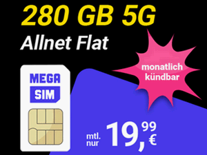Zum Beitrag: Mega SIM: 280 GB Allnet-Flat für 19,99 € im Monat in der Black Week − jetzt auch monatlich kündbar ohne Anschlusspreis