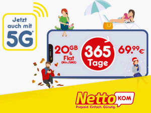 Zum Beitrag: NettoKOM Jahrespaket: 40 GB Allnet-Flat [5G] für 365 Tage für 69,99 €
