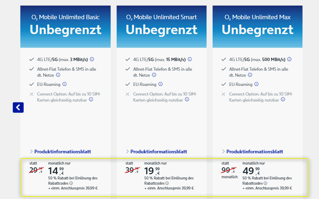 o2 Mobile Unlimited-Tarife mit 50 Prozent Rabatt (per Gutscheincode) o2 Mobile Unlimited-Tarife mit 50 Prozent Rabatt (per Gutscheincode)