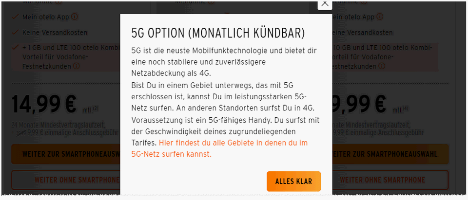 Screenshot von der otelo-Website mit der neuen 5G-Option