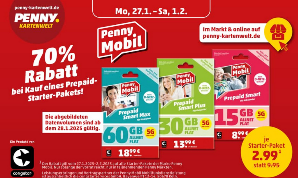 Penny Mobil mit Verbesserung: Mehr Datenvolumen ab 28.1.2025 Penny Mobil mit Verbesserung: Mehr Datenvolumen ab 28.1.2025
