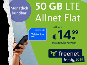 Zum Beitrag: Telefónica green LTE 50 GB: Monatlich kündbare Allnet-Flat für 14,99 € − Anschlusspreis erstattbar!