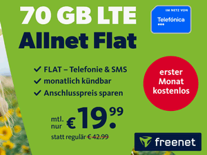 Zum Beitrag: Telefónica green LTE 70 GB für 19,99 €: Monatlich kündbarer Aktionstarif – erster Monat gratis