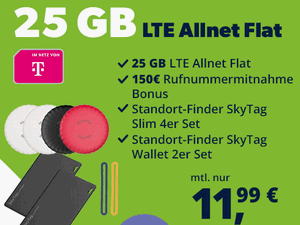 Telekom green LTE 25 GB mit 150 € Wechselbonus und 6 SkyTags Telekom green LTE 25 GB mit 150 € Wechselbonus und 6 SkyTags
