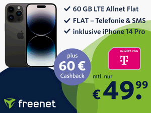Zum Beitrag: iPhone 14 Pro im Telekom green LTE 60 GB für Ø 49,99 € im Monat − plus 60 € Cashback