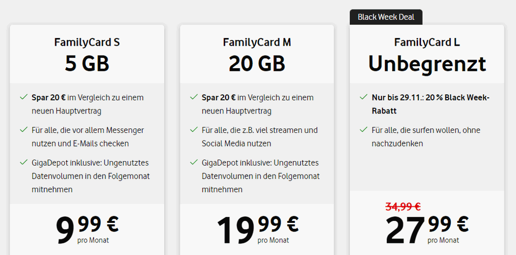 Vodafone FamilyCard L mit unbegrenztem Datenvolumen: Als Black-Week-Deal schon für 27,99 € im Monat Vodafone FamilyCard L mit unbegrenztem Datenvolumen: Als Black-Week-Deal schon für 27,99 € im Monat