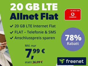 Zum Beitrag: Vodafone green LTE 20 GB: Allnet-Flat (D2) zum Super-Aktionspreis von 7,99 € im Monat